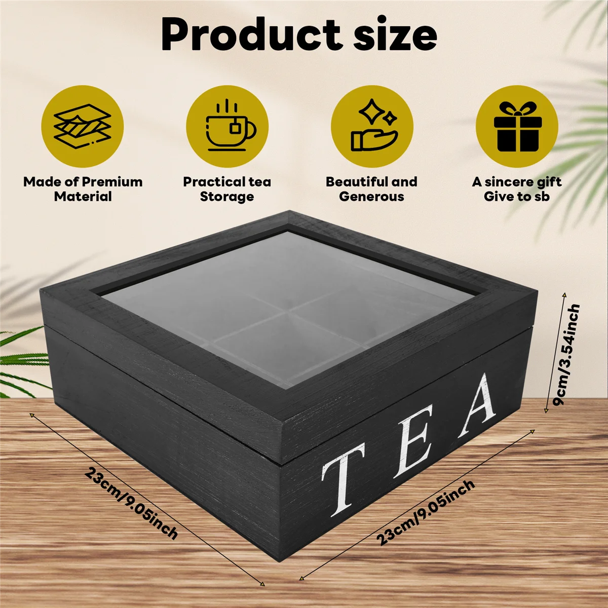 Tea Storage Box Wooden 9 Grids Transparent Top Lid