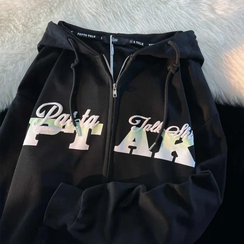 

Cotton Composite Double Layered Hat Loose Zipper Street Dress Y2k Clothes New Harajuku Letters Foam Printed Hoodie Couple Coat