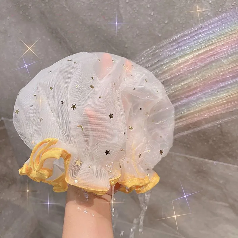 Shower Cap Waterproof Shower Cap Waterproof Double-Layer Shower Cap Starry Sky Design Fashion Reusable Bathing Hat Kitchen Oil-proof Sanitary Hat