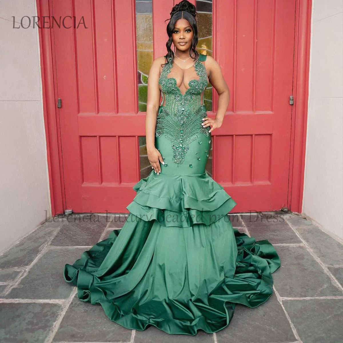 

Green Sparkly Prom Dress Black Girl Layered Diamond Mermaid Evening Party Gowns Applique Paillette Sleeveless robe chic soirée