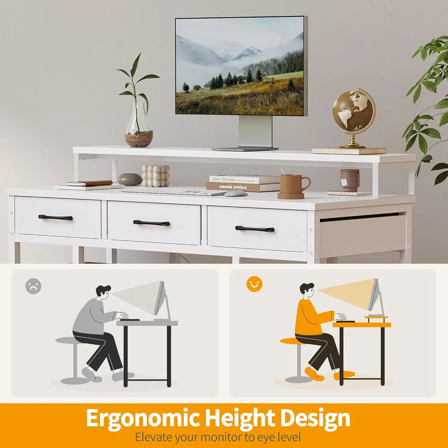 47 Inch Computer Desk with 3 Drawers and Storage Shelves, Small Home Office Desk with Monitor Stand, Study Writing Table 6