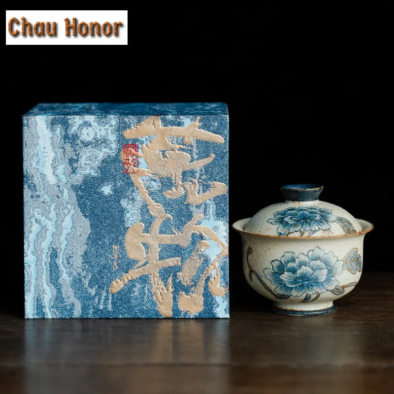 100ml Blue And White Flint Red Gaiwan Handmade Gold Drawing Peony Flower Tea Tureen Tea Maker Cover Bowl Kung Fu Tea Items Gift