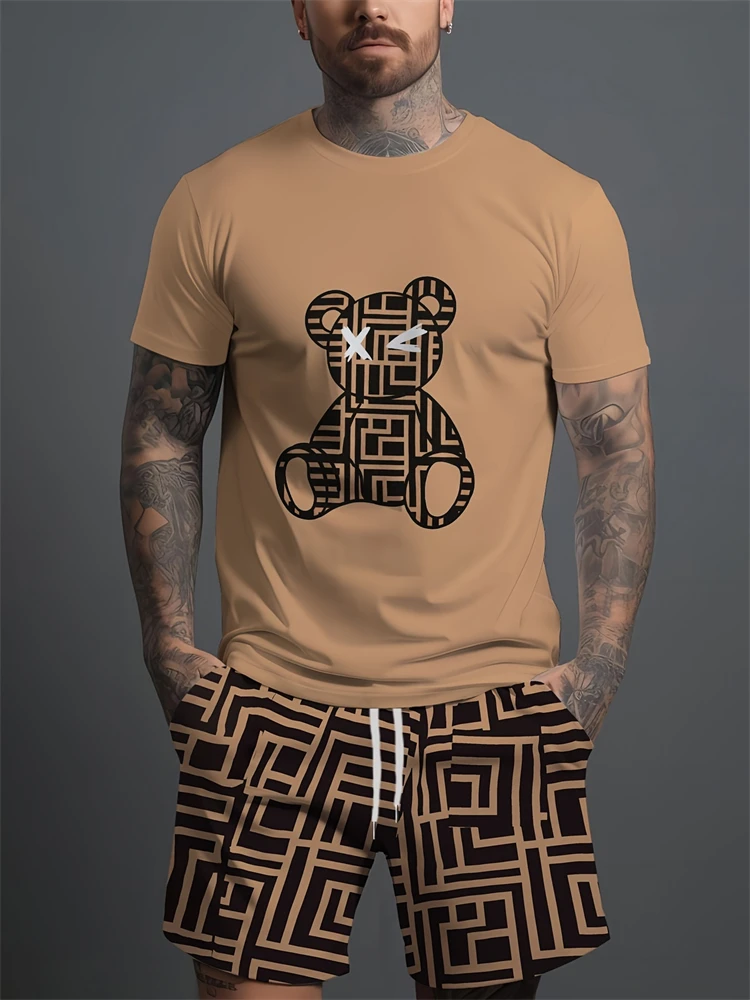 Street Fashion Bear Print Men's T-shirt And Shorts 2pcs Set Summer Casual Men's Short-sleeved Outdoor Sports Beach Pants sports suit,sports set,tracksuit set,shirt and shorts set