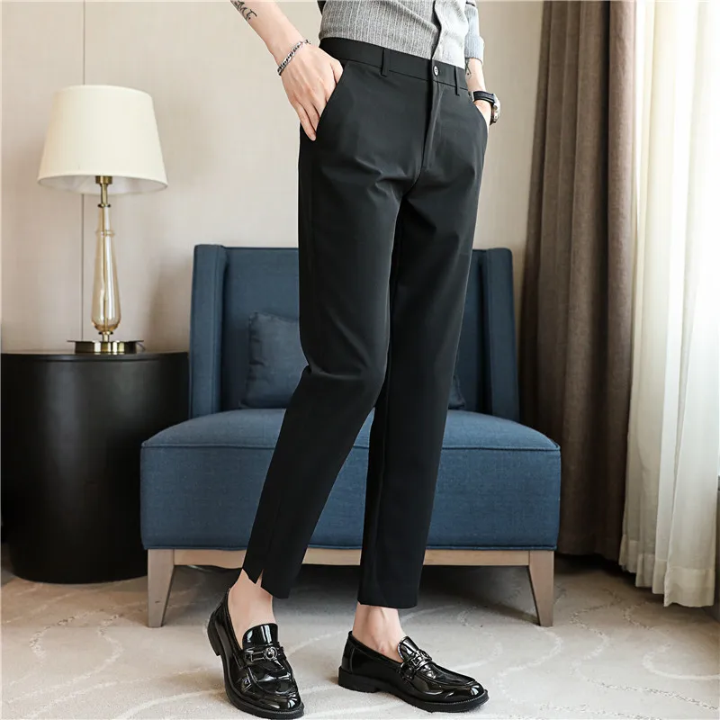

Summer Soid Color Casual Pants Men Ankle Length Alim Fit Business Dress Pant Office Social Wedding Party Suit Trousers 28-38
