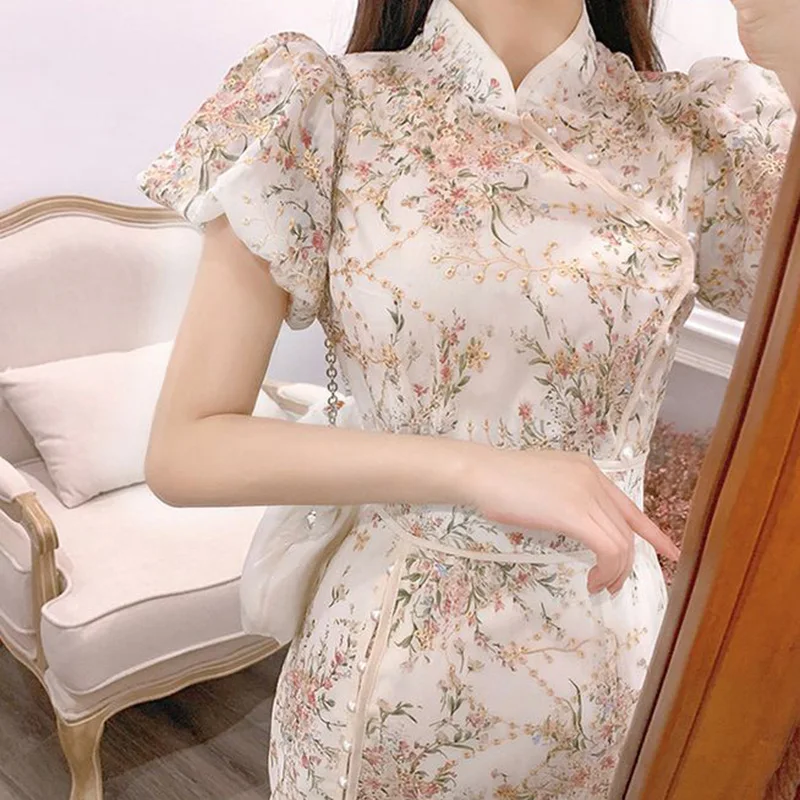 

Biyaby Vintage Casual Split Dress Women Palace Style Beading Improved Cheongsam Female 2023 Summer New Chinese Traditional Qipao