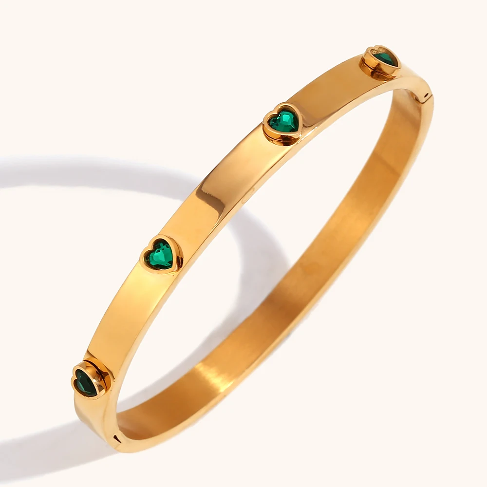La.Muses Sweet Romantic Green Clear Heart Zircon Can Be Opened Premium 18K Gold Plated Stainless Steel Bangles For Women Jewelry 4