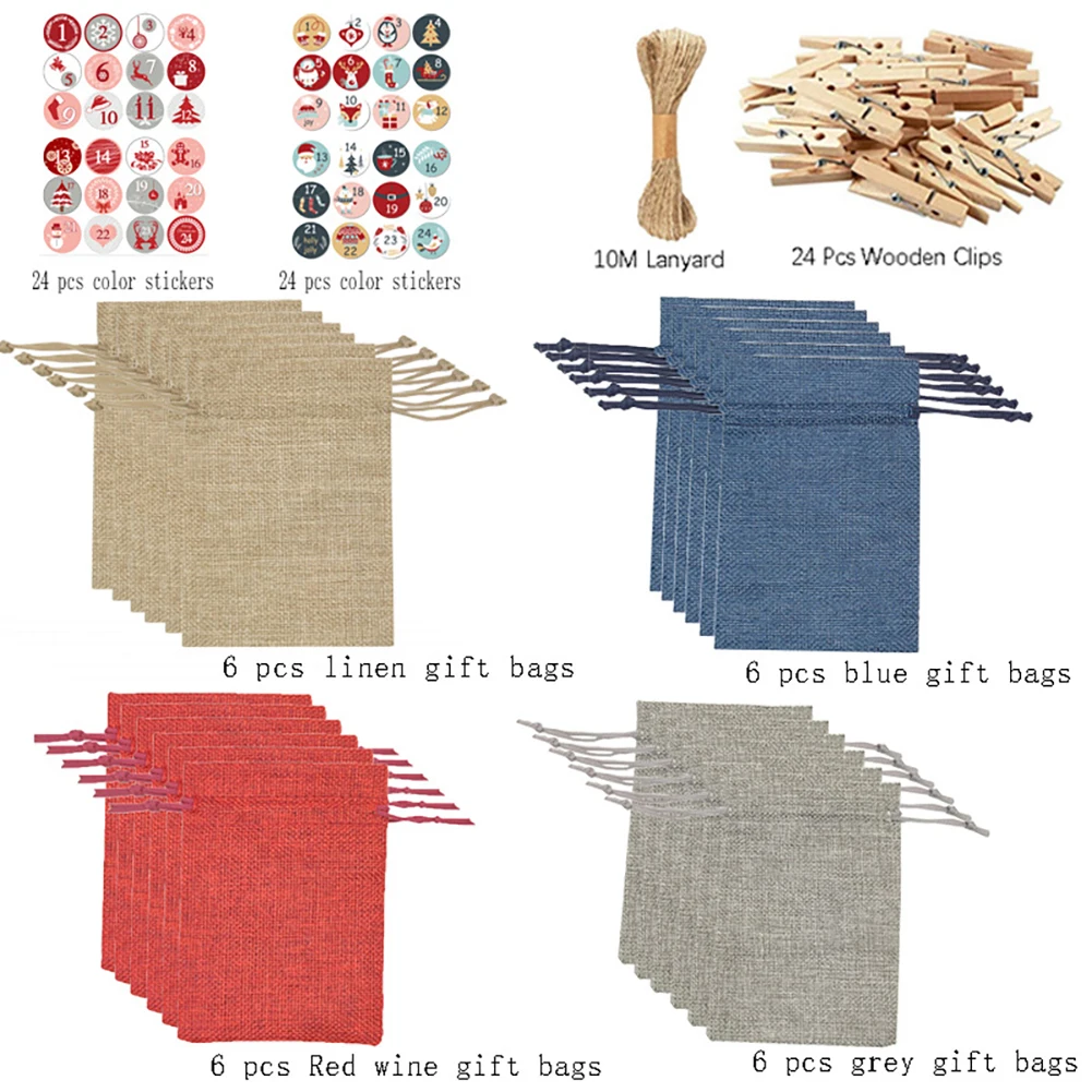 24Days Christmas Advent Calendar Bags DIY Set with Paper Sticker Christmas Countdown Calendar