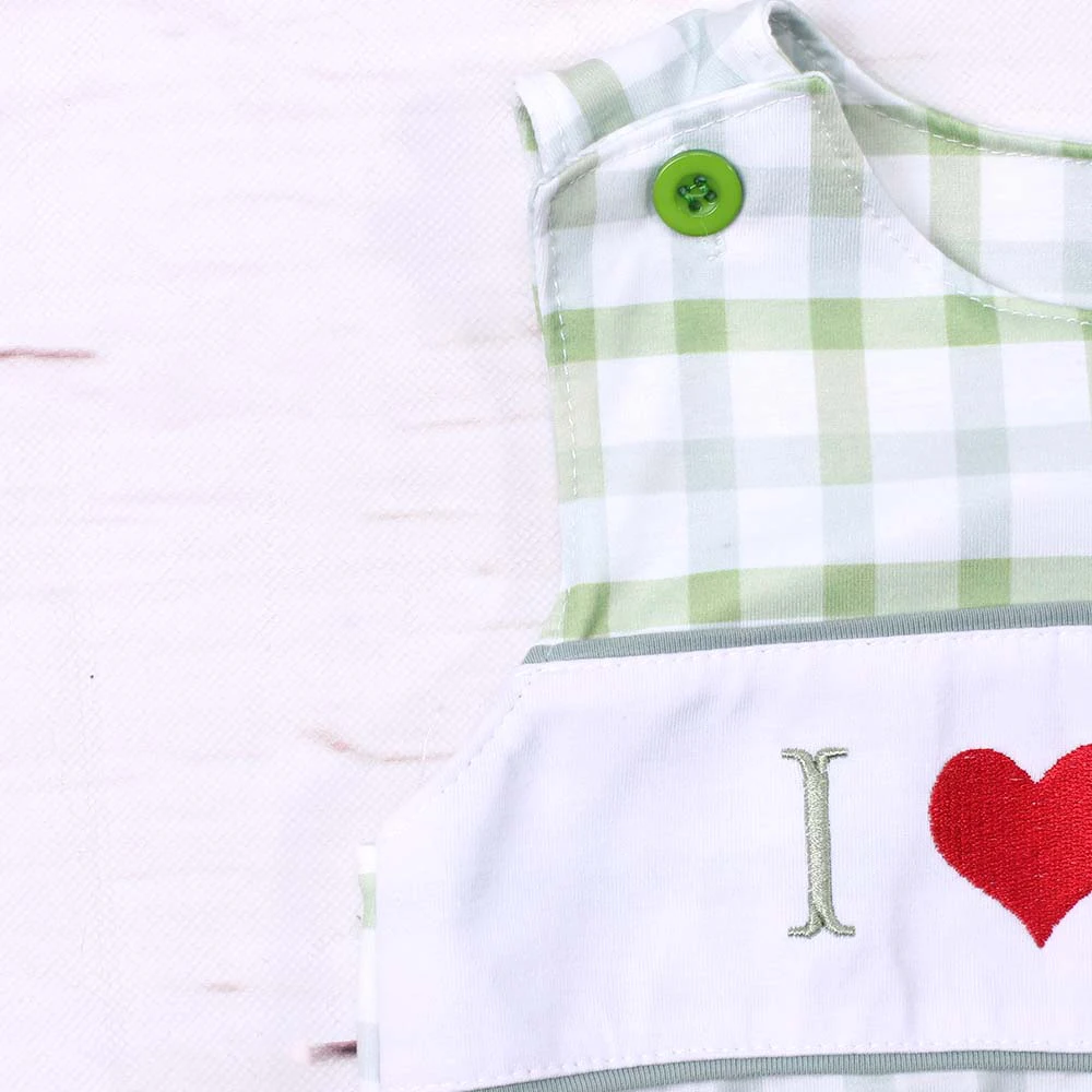 Fashion New Summer Sleeveless Baby Boy Jumpsuit I Love Mom Embroidery Button Decorate Bodysuit Green Lattice One-Piece Clothes