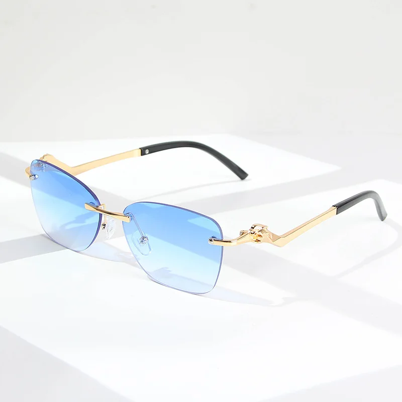 

Vintage Rimless Rectangle Sunglasses Women Men Luxury Brand Designer Frameless Sunglasses Driving Metal Leopard Head Sun Glasses