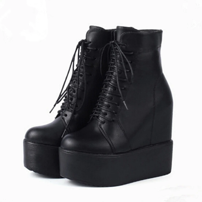 

2024 Women 6cm Platform Wedges Lace-up Ankle Boots 14cm High Heels Walking Boots Fashion Goth Gladiator Pumps Femme Black Botas