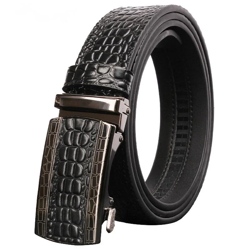 Nový pánsky kožený biznis bezzubý automatický opasok s krokodílím vzorom, kožené nohavice na hlavu s vysokým pásom_voghion.com