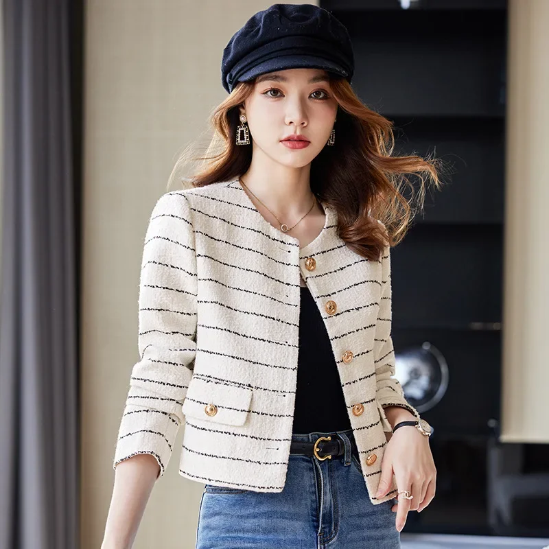 High quality short blazer for women striped jacket single breasted wool blend spring 2024 elegant fashion clothes - white