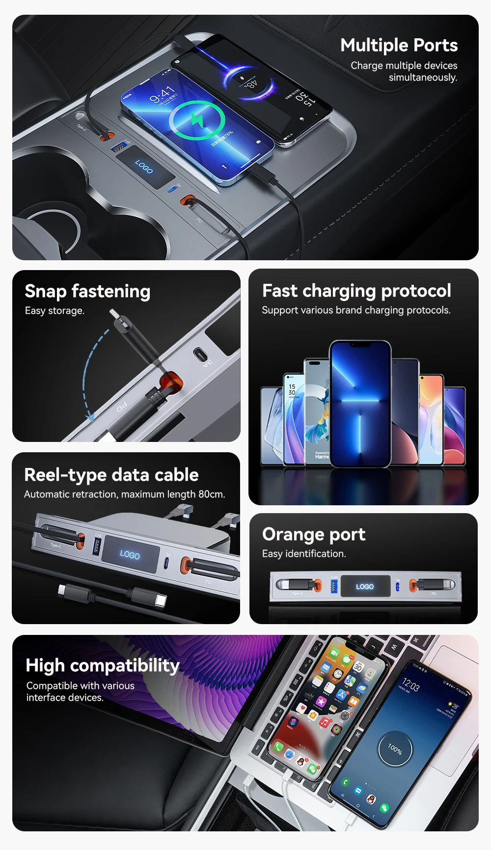 For Tesla Model 3 Y 2023 27W Quick Charger USB Shunt Hub Intelligent Docking Sta