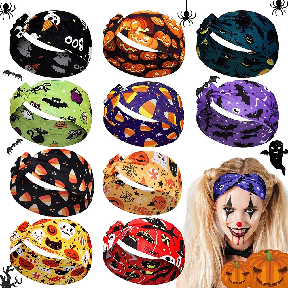 

Halloween Print Wide Headband Kull Pumpkin Pattern Turban Headwrap Knot Elastic Hair Band For Women Girls Hair Accessories