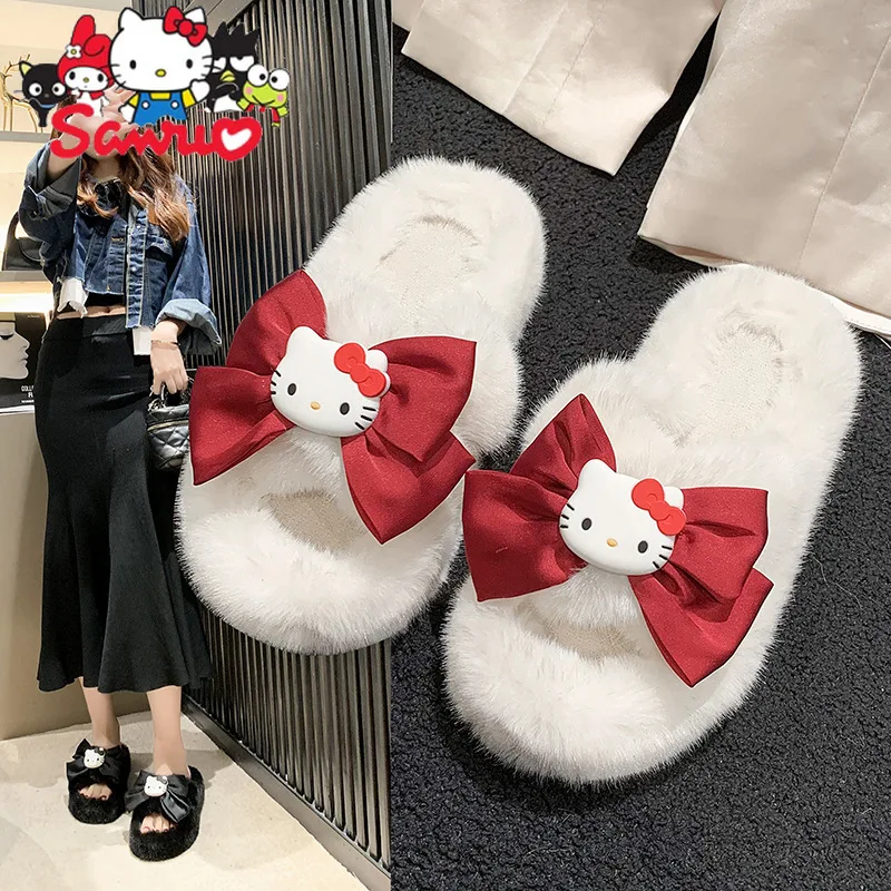 

Sanrio Kuromi Hello Kitty Melody Cinnamoroll Pochacco Fur Slippers Women Winter Cute Bow Platform Plush Slippers Women's Shoes