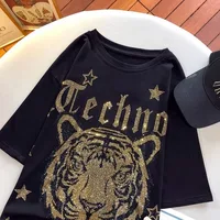 300 catties fashion wear rhinestone diamond tiger head back wings diamond black women's short-sleeved T-shirt top - Image 2
