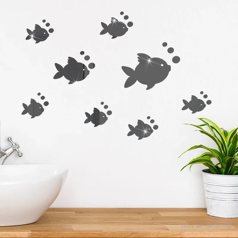Creative Self-Adhesive Fish Group Decal Blowing Bubbles Acrylic Mirror Wall Home Living Room Kindergarten Decor Waterproof, 2Pcs