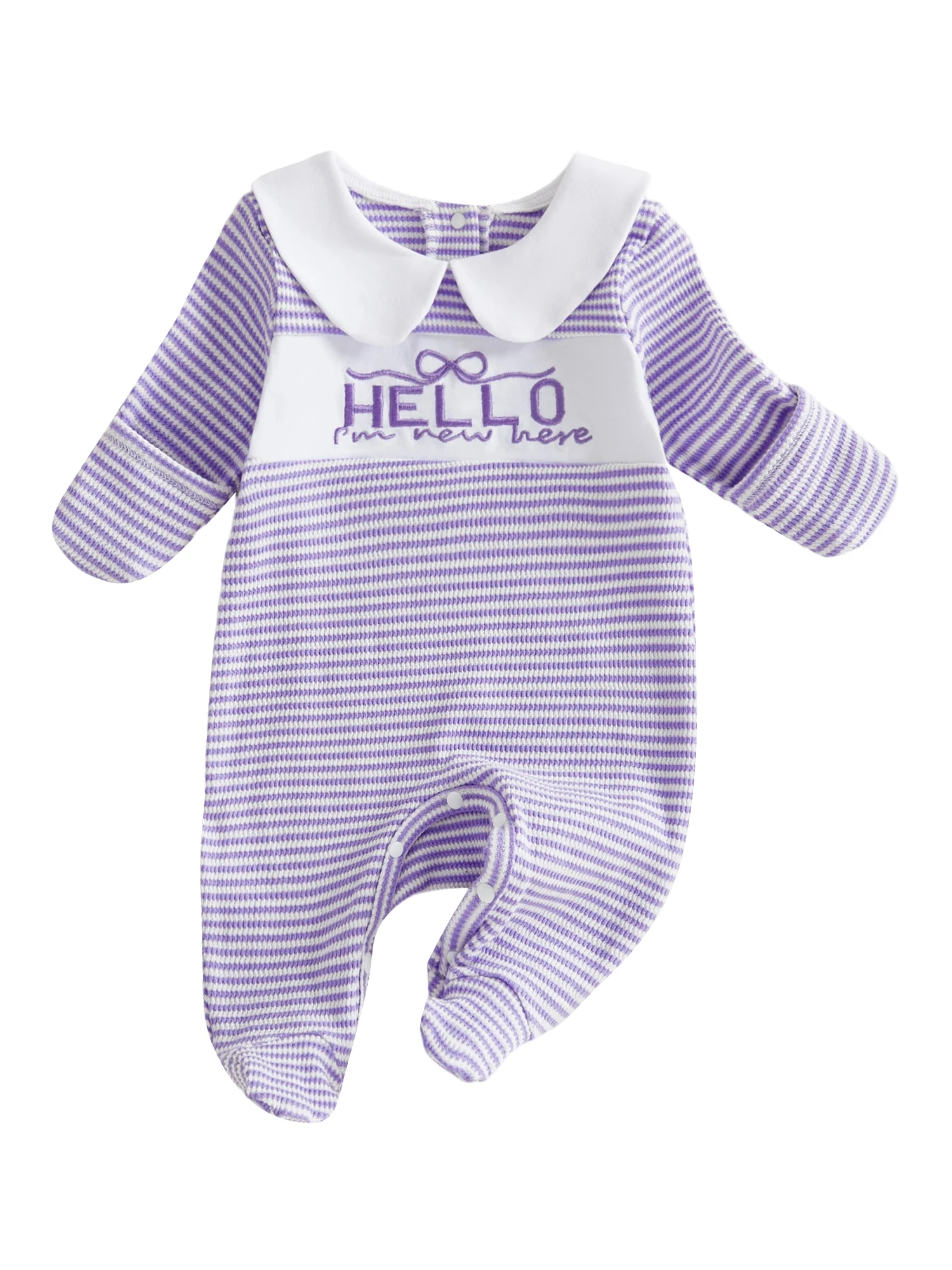 Toddler Girl Autumn Romper with Long Sleeves Peter Pan Collar Embroidered Bow Detail and Striped Design - Adorable