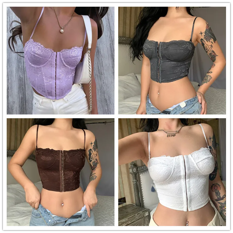 Summer Fashion Slim Sexy Patchwork Lace Bandage Girl Skinny Camis Backless Women Spaghetti Strap Tank Top Cropped Tops Corset red cami