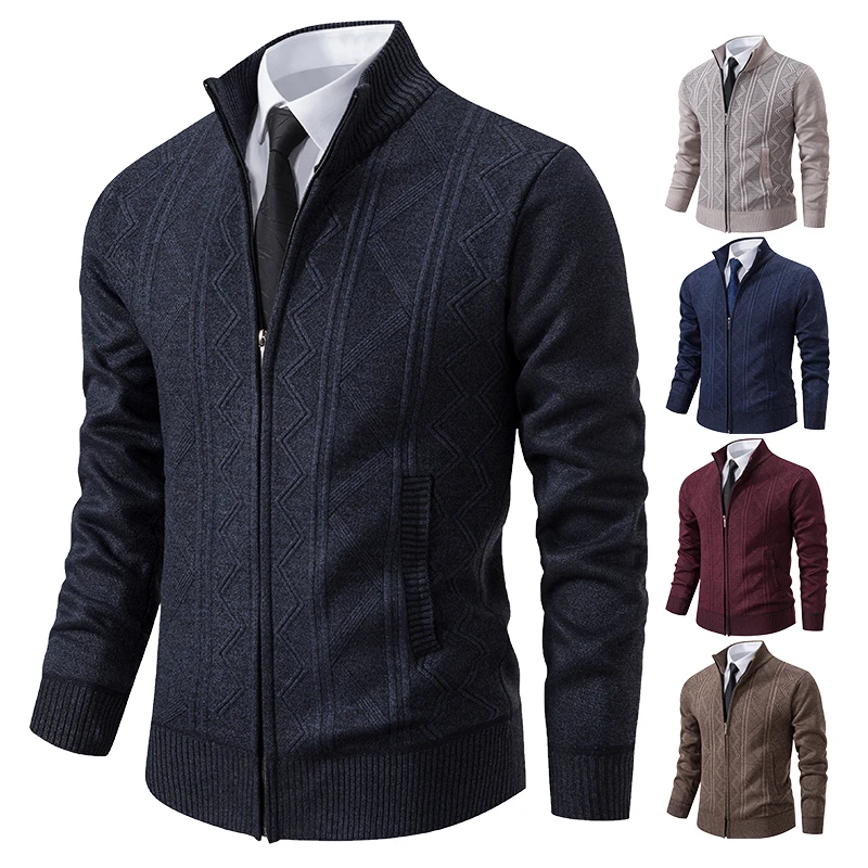Thickened jacket men's autumn and winter warm trend line stand collar knitted cardigan sweater coat 3