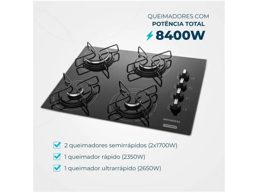 Cooktop 4 Bocas Mondial a Gás GLP Preto - Bivolt 3