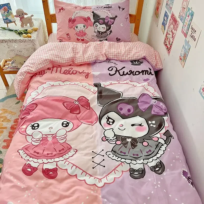

Kawaii Sanrioed Anime Cartoon series Kuromi Cinnamoroll Student Dormitory Three piece set of bed sheets, duvet cover, dormitory
