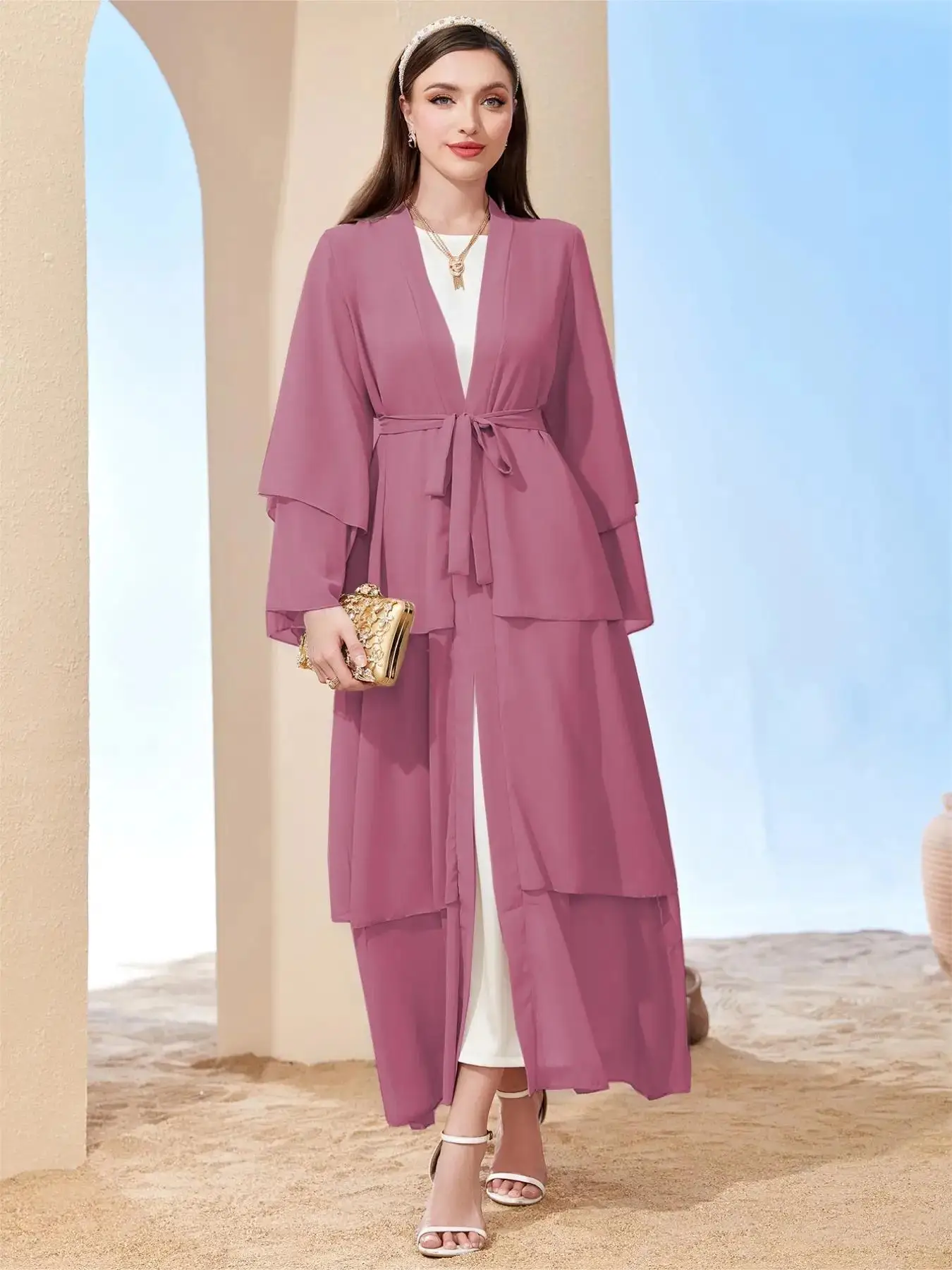 chinese dress ladies Taala Satin Layered Open Abaya with Hijab - CLEARANCE NO RETURN