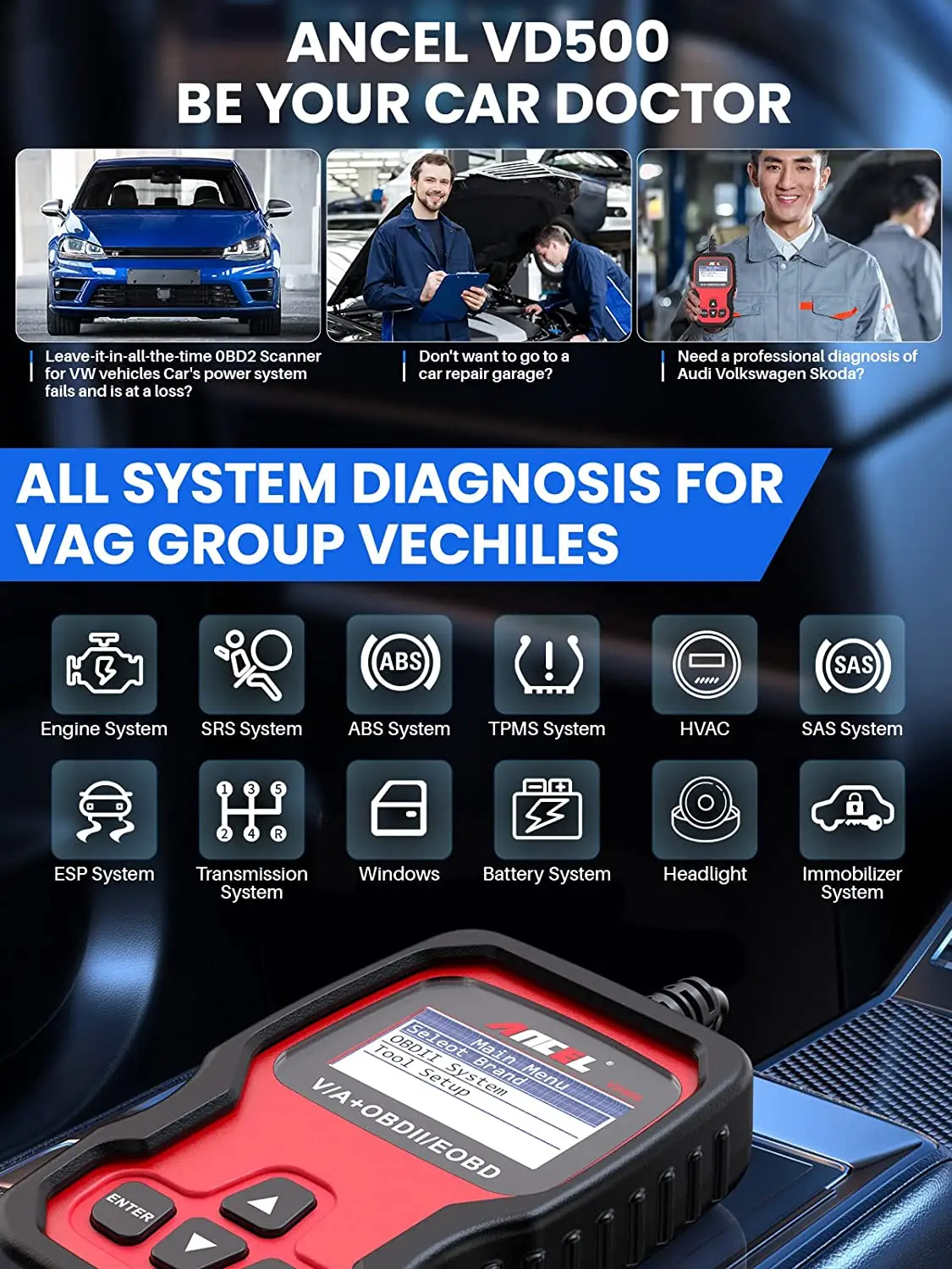 Car Fault Code Reader ANCEL VD500 OBD2 Scanner For Volkswagen VW Audi Skoda Seat Check Engine Light EPB ABS SRS Code Reader Car Diagnostic Tool