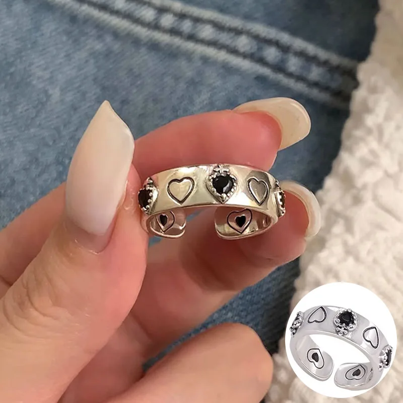 

100% 925 Sterling Silver Zircon Love Heart Open Ring for Women Girl Fashion Vintage Cross Design Jewelry Party Gift Dropshipping
