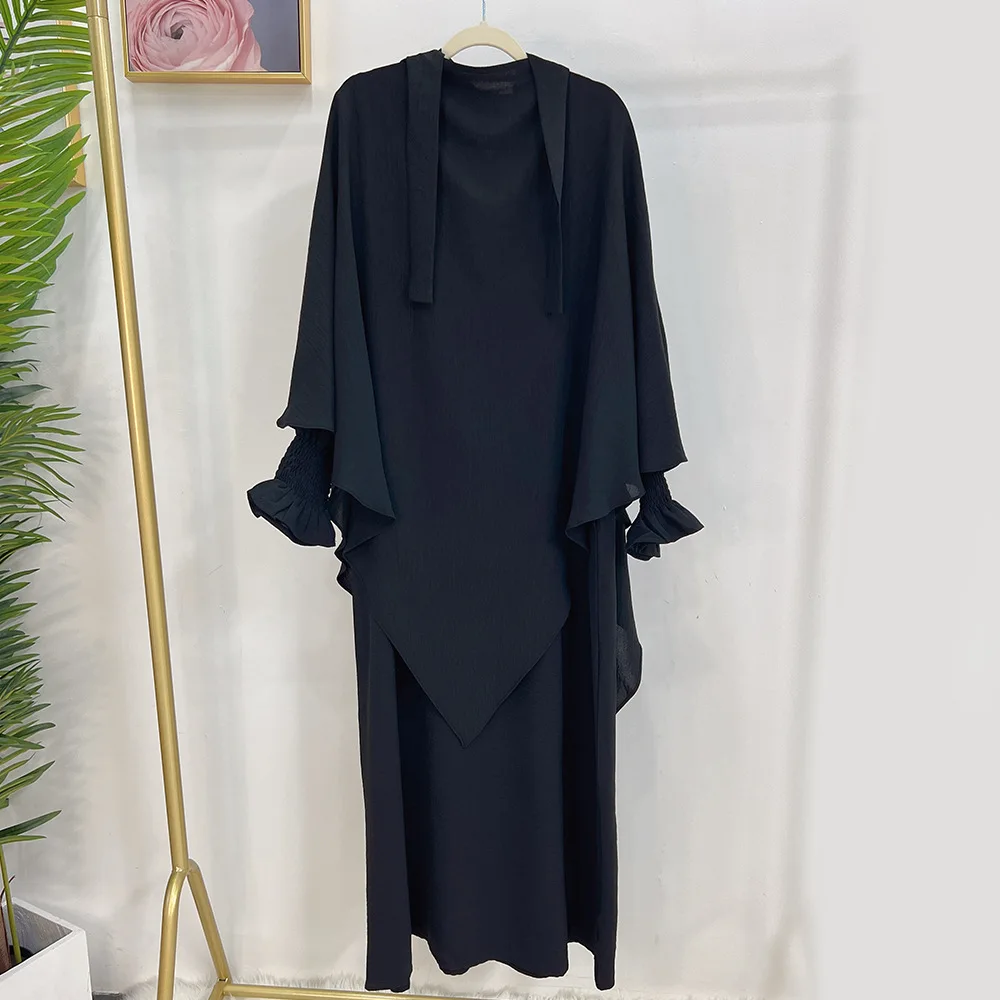 Ramadan Eid Prayer Dress Women Plain Long Hijab Robe Floral Cuff Muslim Abaya Dress Dubai Islamic Clothing Modest Clothes Kaftan