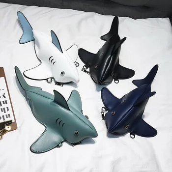 Cute Cartoon Shark Shape Ladies Shoulder Bag PU Leather Mobile Phone  Messenger   Chain  