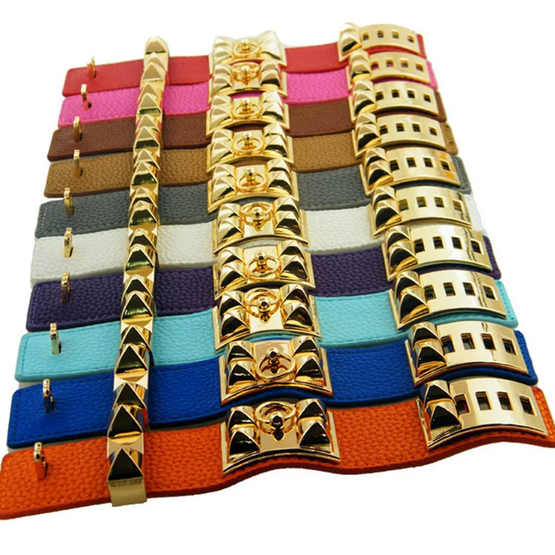 PopPunkRivetLeatherBangleBraceletPersonalityRoundGold