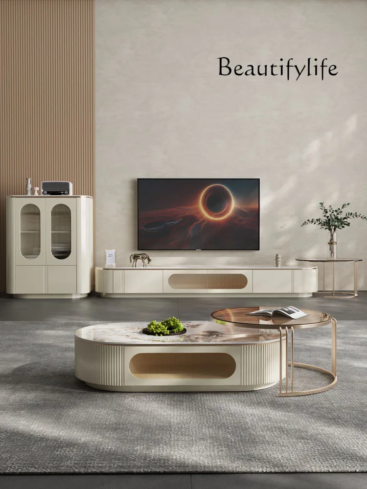 

Italian Light Luxury Stone Plate Coffee Table Living Room Home Small Apartment Cream Style TV Cabinet Unit