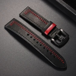 Premium Universal Crazy Horse Leather Watch Strap - Adjustable Sizes for 22mm (Black - red)