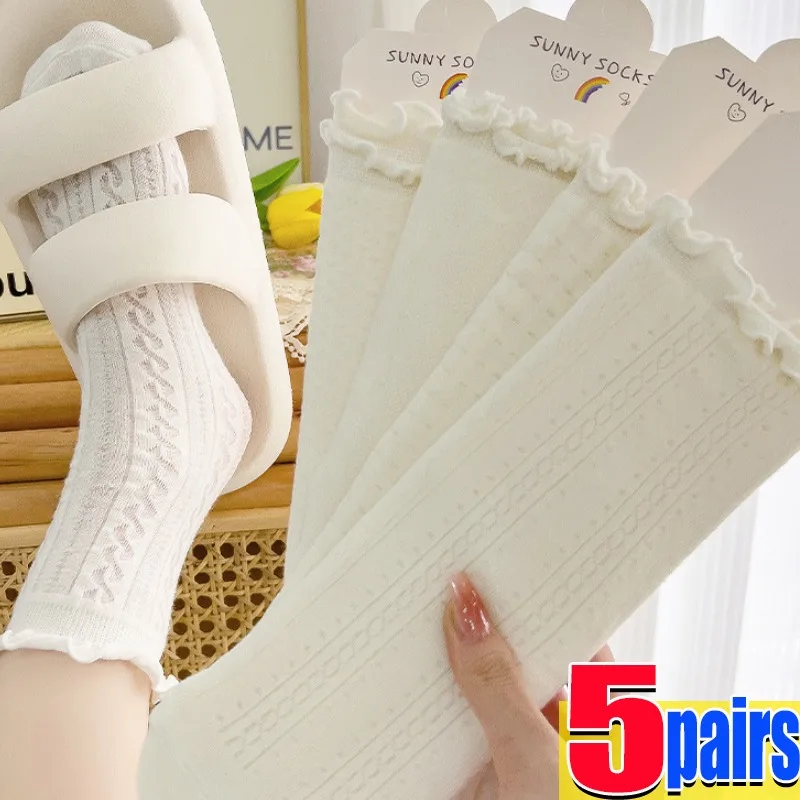 

1/5pairs White Lace Middle Tube Socks Women Girls Summer Harajuku Ruffle Stockings Lolita Sweet Princess Streetwear Thin Hosiery