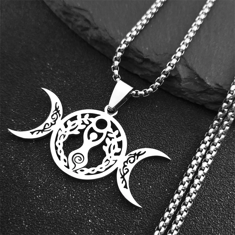 Witch Triple Moon Goddess Luna Necklace for Women Men Stainless Steel ...