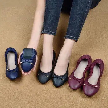 Fashion Shallow Mouth PU Ballet Shoes Bowknot Lightweight Soft Sole Flat Shoes Thread Foldable Chicken Rolls Dance Shoes Yoga