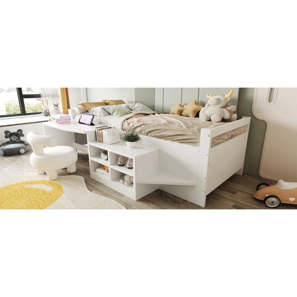 90 x 200 cm großes Einzelbett aus Holz mit Schreibtisch – Steckdosen, Stauraumfächern und Sicherheitsgeländer, kippsicheres und geräuschfreies Design für Schlafzimmer – Detail 16