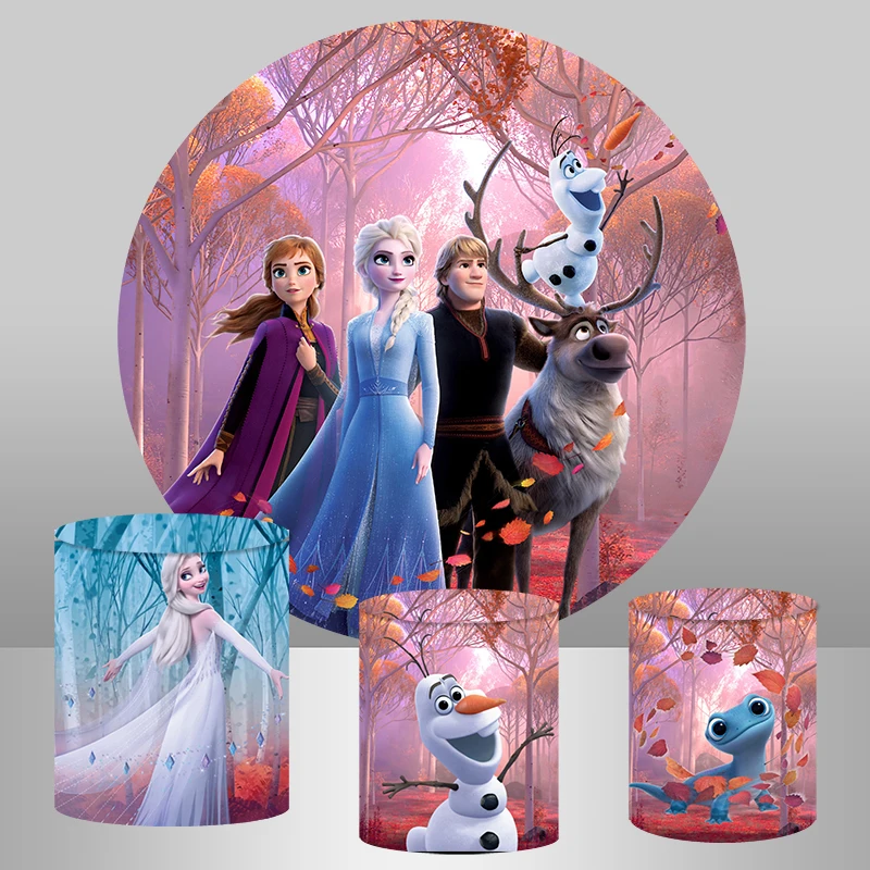 

Frozen Theme Elsa Anna Olaf Circle Round Backdrop Cover Disney Movie Girls Birhtday Party Photography Background Plinth Covers