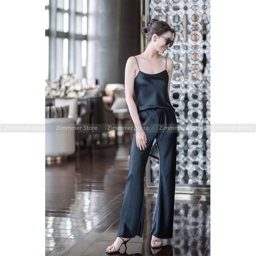 

Temperament Summer Simple Acetate Sleeveless Camisole Top + High Waist Elastic Waist Wide Leg Casual Pants Trousers