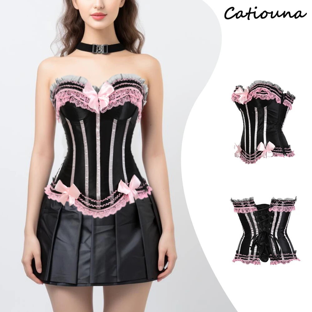 

Sexy Satin Overbust Corset Top for Women Victorian Bustier Lace Bowknot Decorated Clubwear Showgirl Body Shaper Plus Size S-6XL