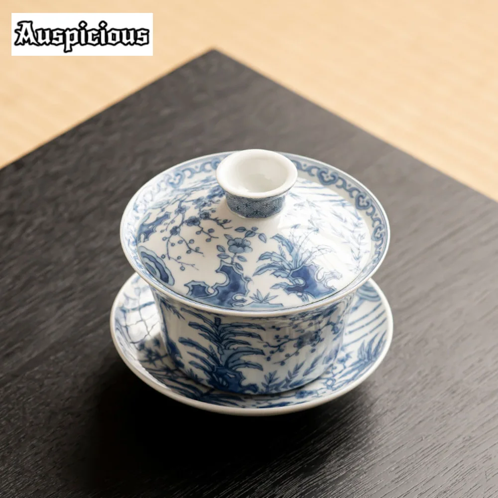 300ml Antique Blue and White Gaiwan Retro Dargon Cup Saucer Tea Tureen Chinese Tea Maker Cover Bowl Services Supplies Craft