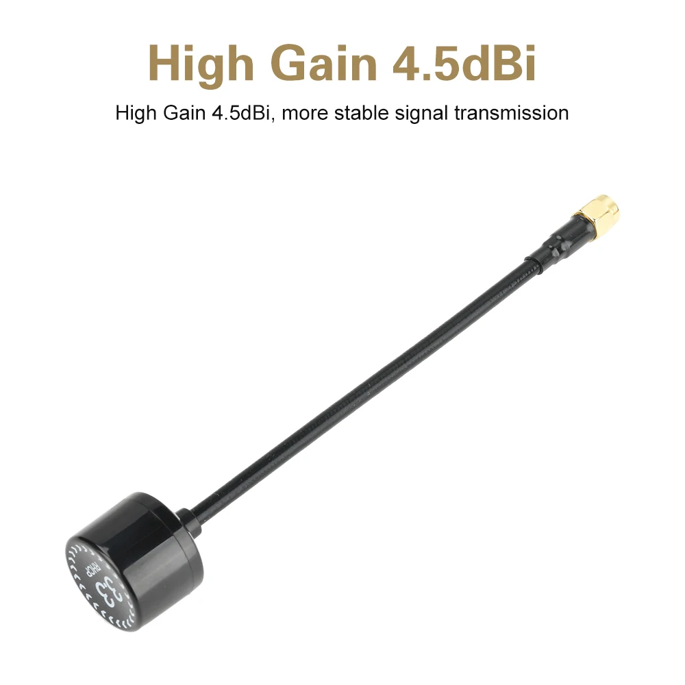 Antenne SMA 4.5dBi pour drone, vue rapprochée du gain et du câble, idéale pour FPV longue distance.
