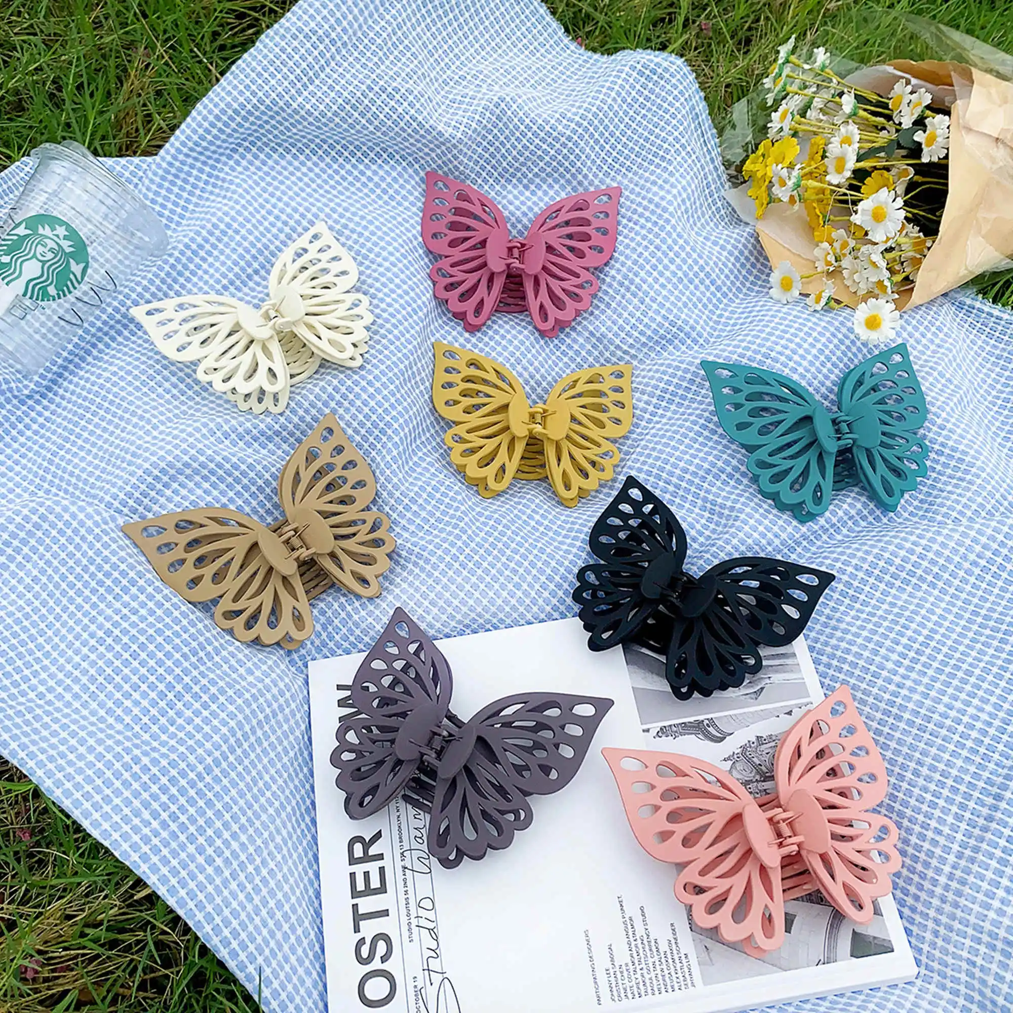 

2pcs/lot 14cm double hollow butterfly solid color frosted hair grab large back of head shark clip diy hair accessories