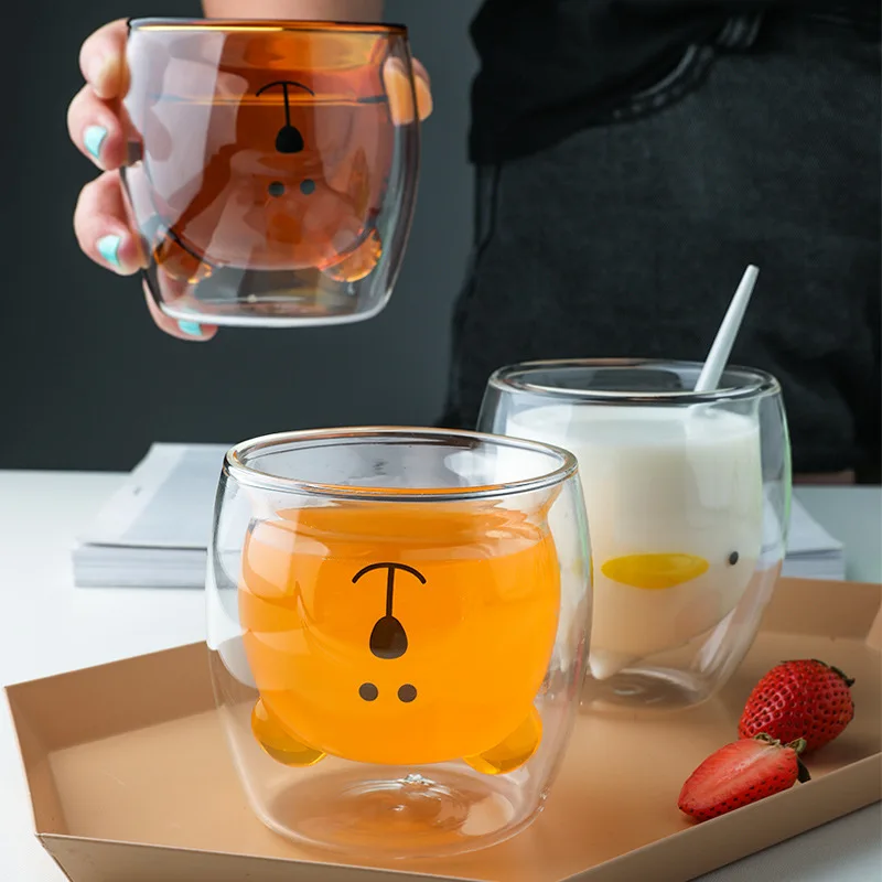 Disney Winnie The Pooh Cartoon Milk Coffee Cup Cute Anatroccolo Dog Cat Double Insulation High Borosilicato Glass Juice Drink Cup