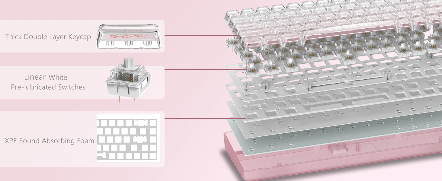 WK68-Hot-Swappable Teclado rosa, RGB fio Gaming teclado