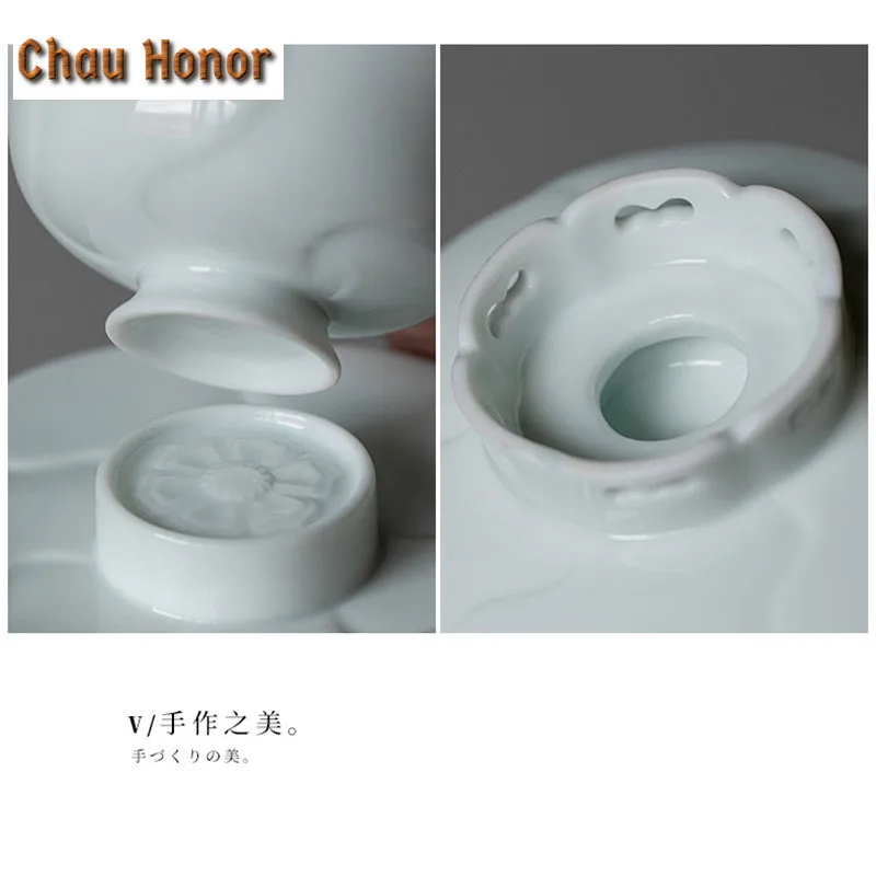 50ML Boutique Imitation Song Shadow Celadon Lotus Cup Ceramic Master Cup High Foot Tea Cup With Saucer Chazhan Teaware Gift Box