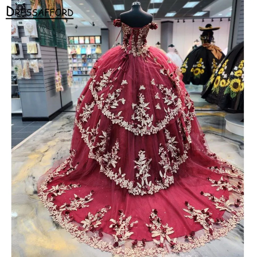 

Burgundy Quinceanera Dresses Ball Gown Puffy Tulle Lace Appliques Beading 2023 Sweet 16 Dresses Party Prom Gowns