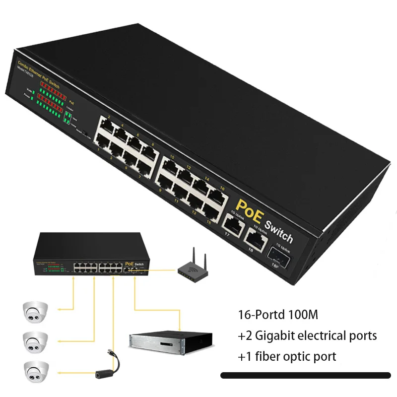 Internet Splitter Ethernet Network Switcher Hub Poe Switch Rj45 Switch Game 16*100M + 2*1000M Porta Elettrica + 1 * Porta In Fibra Ottica
