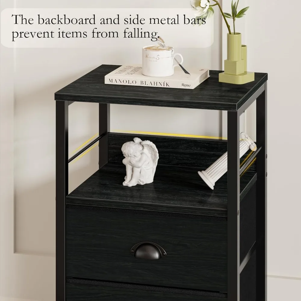 Nightstands Set 2, End Tables with 2 Fabric Drawers, Bedside Tables with Hooks and Shelf, Nightstand 5